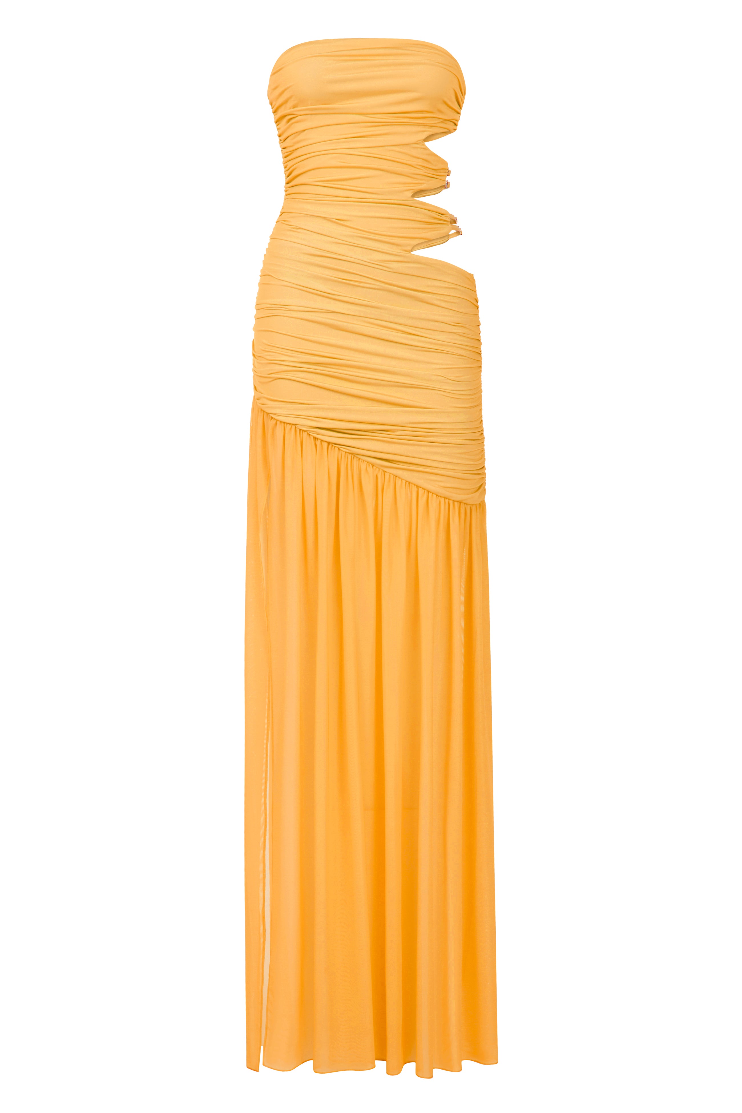Mango rengi büzgü detaylı bel dekolteli maksi straplez elbise