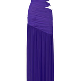 Mor büzgü detaylı bel dekolteli maksi straplez elbise