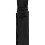 Siyah yüksek yaka kolsuz drapeli yırtmaçlı maxi elbise