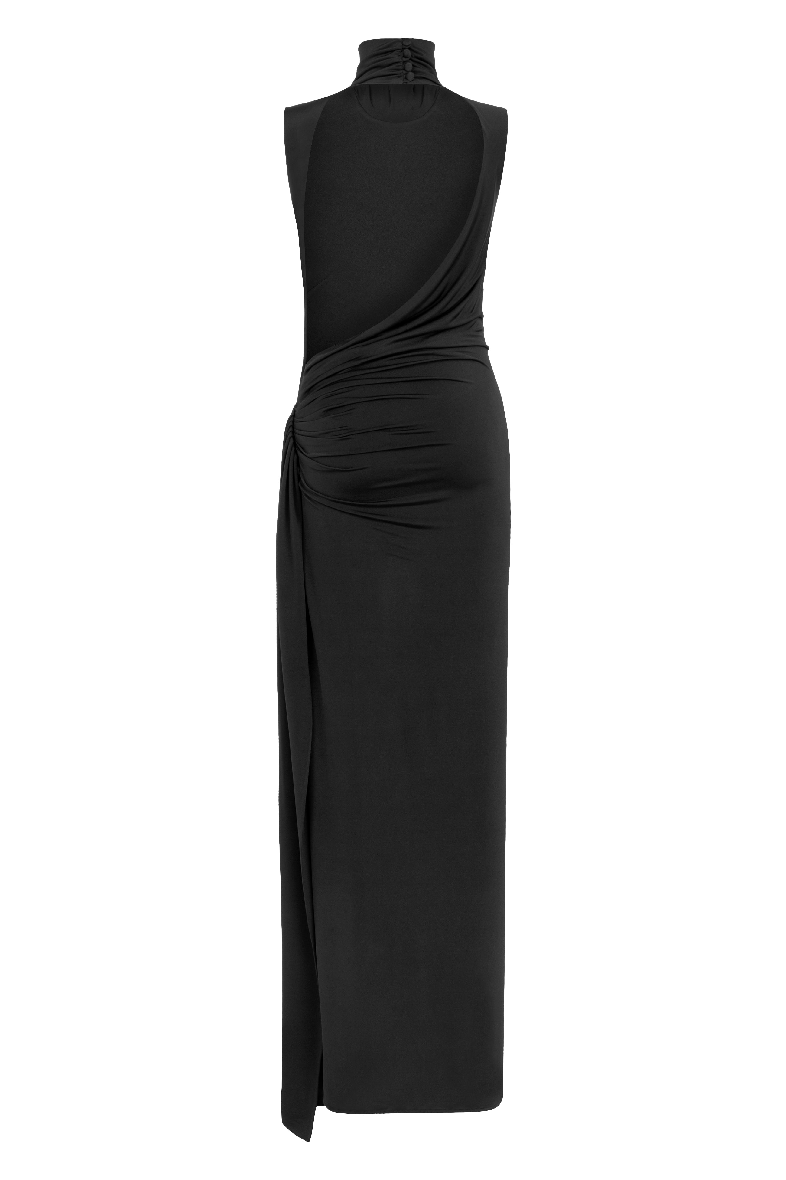 Siyah yüksek yaka kolsuz drapeli yırtmaçlı maxi elbise