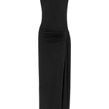 Siyah yüksek yaka kolsuz drapeli yırtmaçlı maxi elbise