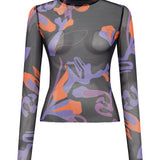 Khela desen baskılı uzun kol tül body