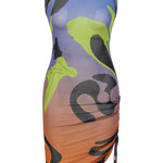 Khela desenli baskı dik yaka kolsuz drape detaylı tül elbise