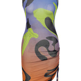 Khela desenli baskı dik yaka kolsuz drape detaylı tül elbise