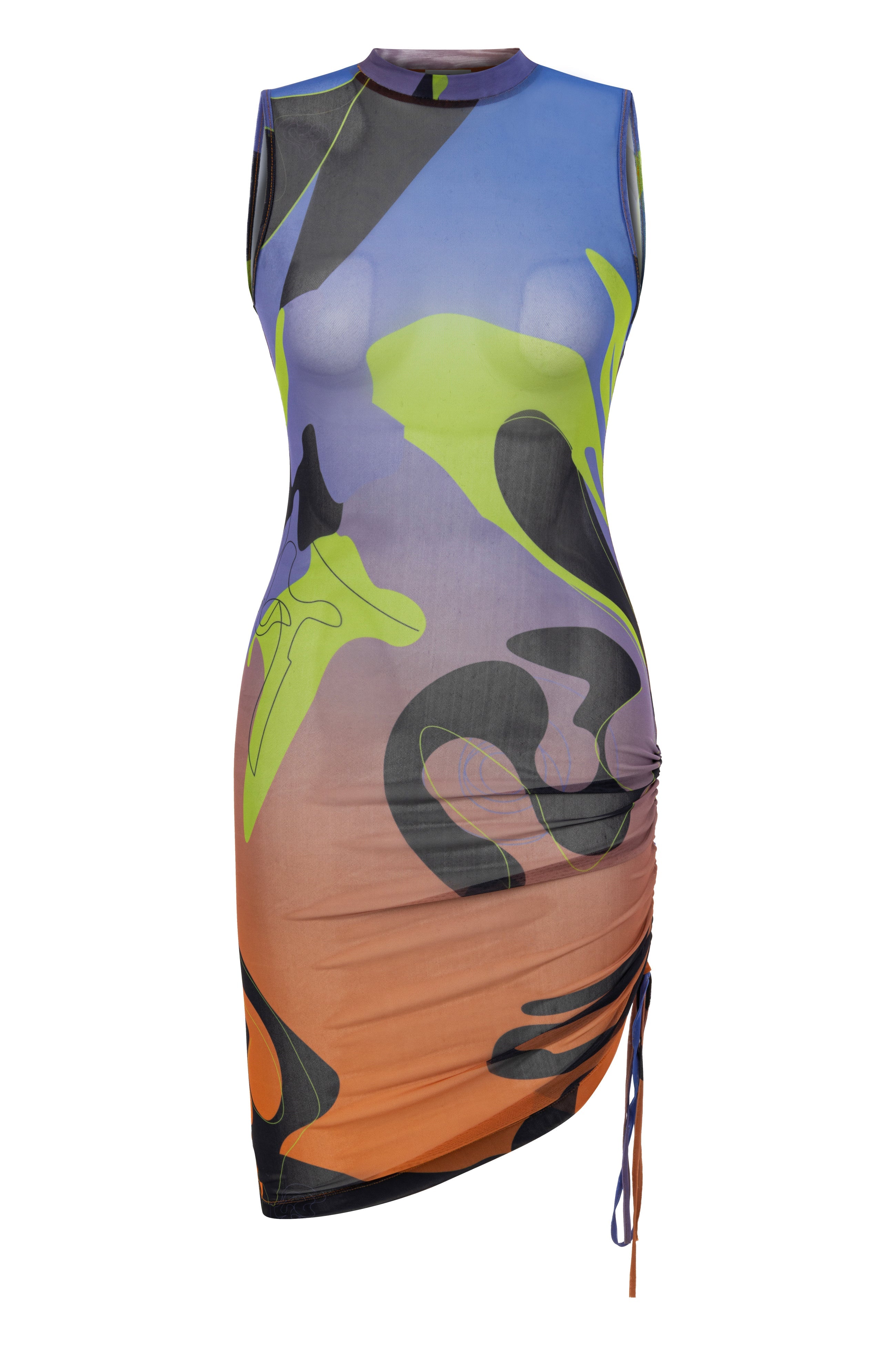 Khela desenli baskı dik yaka kolsuz drape detaylı tül elbise