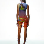 Khela desenli baskı dik yaka kolsuz drape detaylı tül elbise