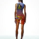 Khela desenli baskı dik yaka kolsuz drape detaylı tül elbise